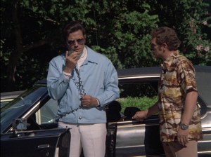 Steve, a middle aged white man with brown hair wearing a light blue jacket over a white shirt and pants and aviator sunglasses, and Danny, a young white man with curly blond hair wearing a brown, gold, and white aloha shirt and brown pants. They're standing next to a car and Steve is talking on a CB radio.