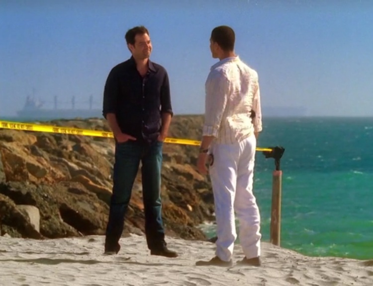 Rory Cochrane as Tim Speedle, a white man with dark hair, wearing a dark purple shirt and blue jeans, faces the camera, and Adam Rodriguez as Eric Delko, a latino man with short dark hair, wearing a light golden yellow striped shirt and white pants, faces away from the camera. They're standing on a beach with yellow crime scene taped stretched out behind them.