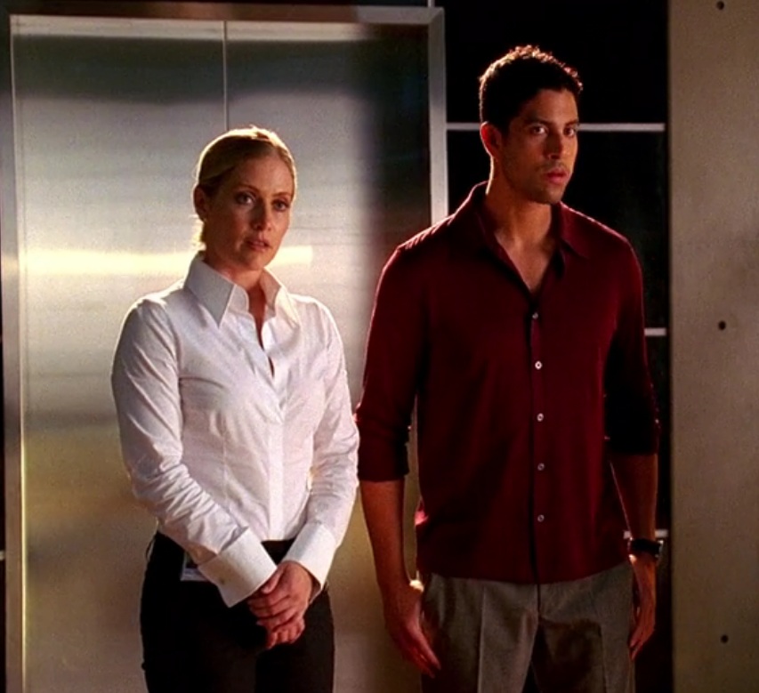Emily Proctor as Calleigh Duquense, a young white woman with blonde hair pulled back, wearing a white button up shirt and black pants, standing next to Adam Rodriguez as Eric Delko, a young Latino man with short dark hair, wearing burgandy button up and grey trousers. They're standing in front of the silver doors of an elevator.