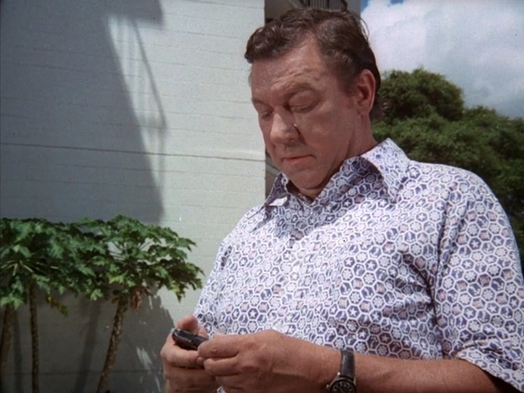 Ramon Bieri as Michael Briggs, a middle aged white man with short brown hair, wearing a blue and white patterned shirt, looking contemplatively at a small hand gun in his hands.